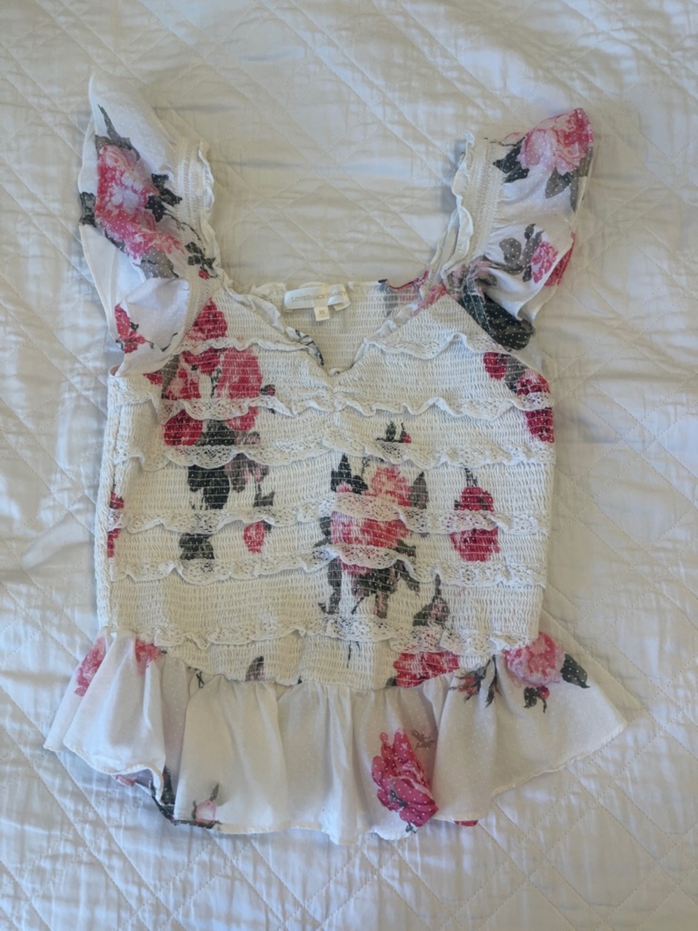 LoveShackFancy White Smocked Floral Camisole with Pink Rose Print